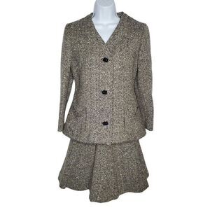 Vtg Bonwit Teller 2pc Skirt Jacket Suit Black White Herringbone Tweed Sz S READ